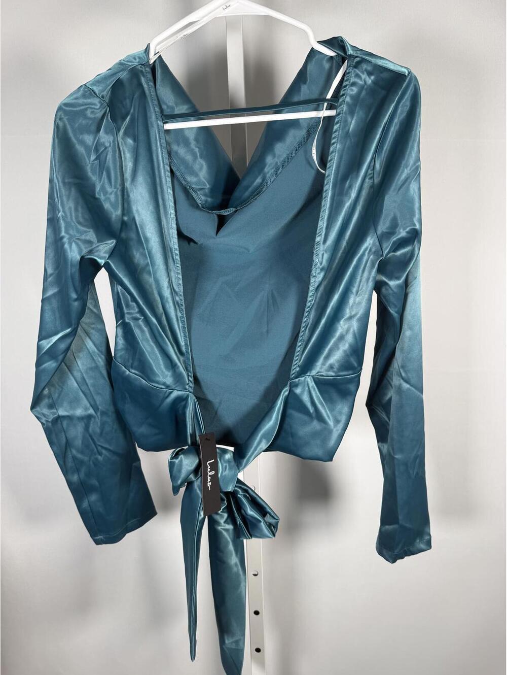 NWT Lulus Lovely Outing Teal Green Satin Cowl Neck Backless Top Size Small - Picture 4 of 7